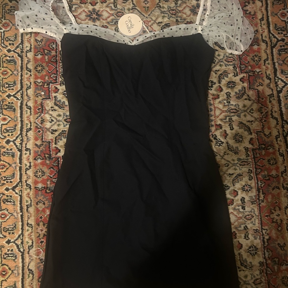 Camila Coelho Black Dress with Sheer White Polka Dot Sleeves